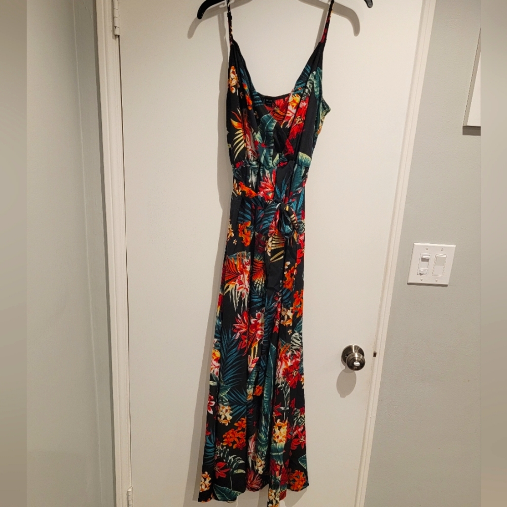 Tropical print faux wrap high low dress NWOT